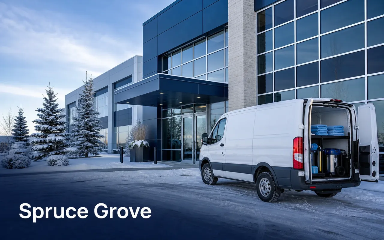 Illustration of a stocked cleaning van outside a commercial building with snow along the entrance.