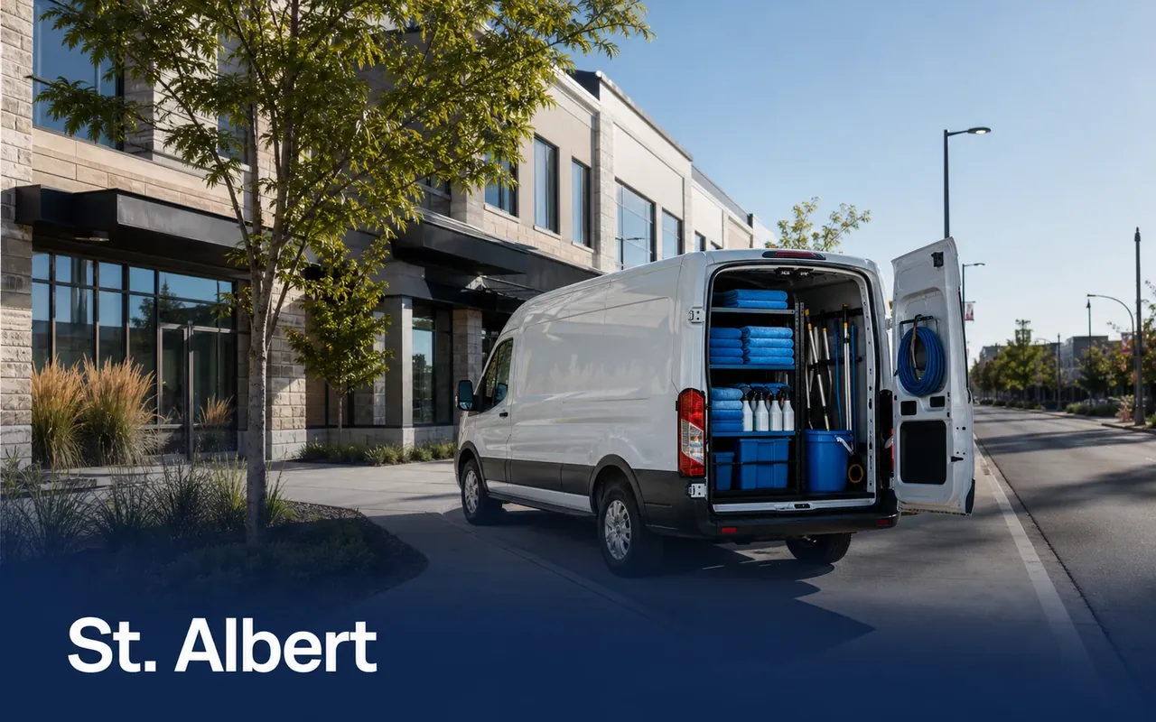 Illustration of a cleaning-equipment van parked beside landscaped commercial offices.