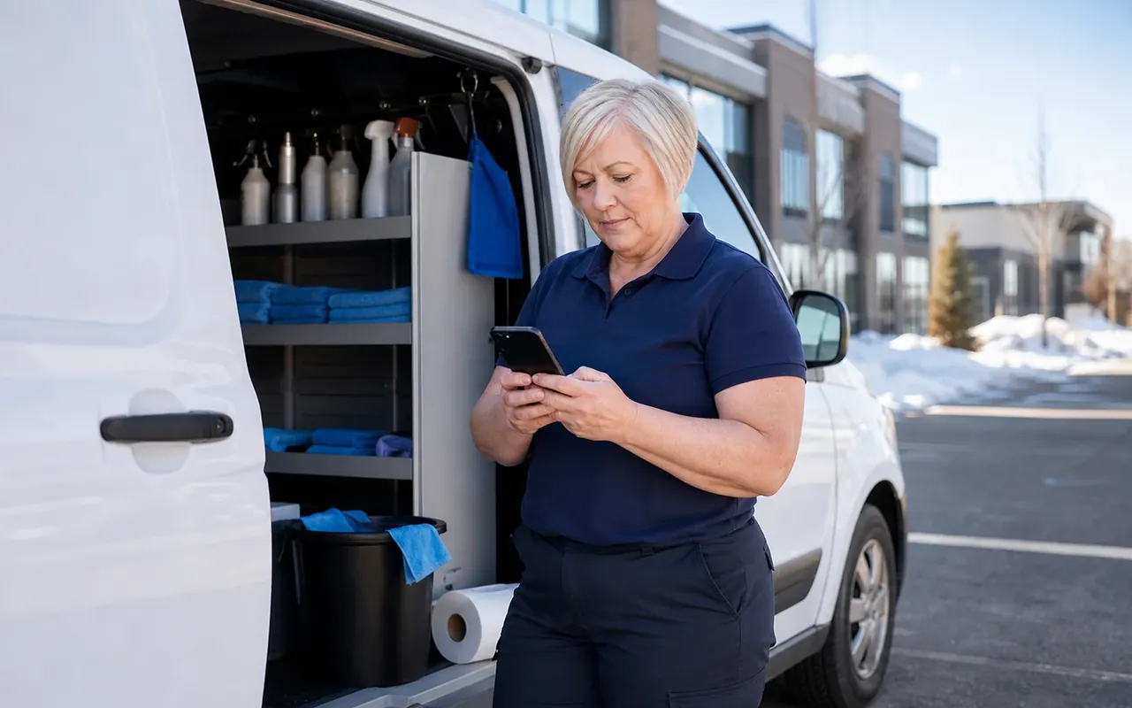 Illustration of a cleaner checking a phone beside an open supply van in a snowy commercial parking area.
