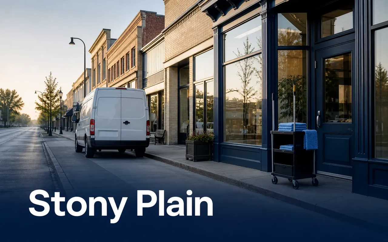 Illustration of a van and cleaning cart beside brick storefronts on a quiet street.