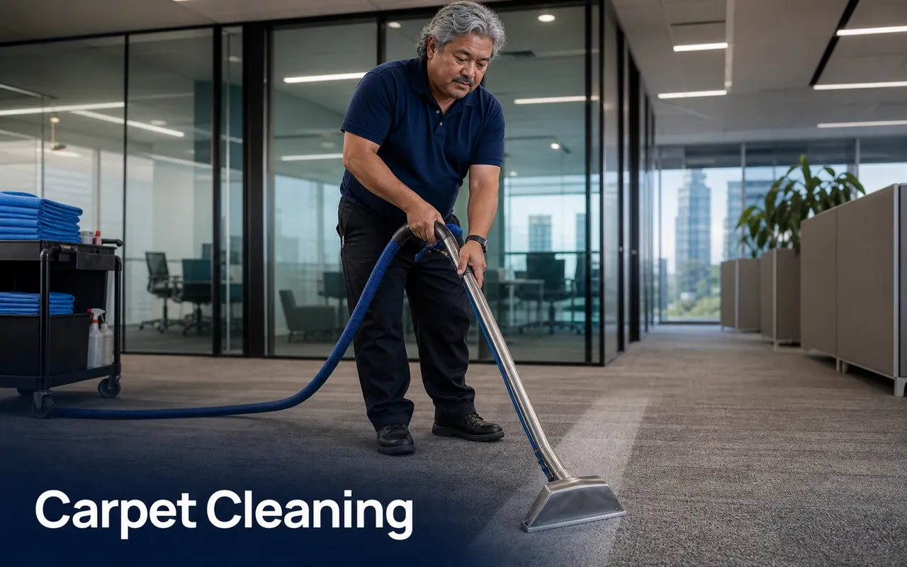 Illustration of a cleaner using a carpet-extraction wand between office workstations.