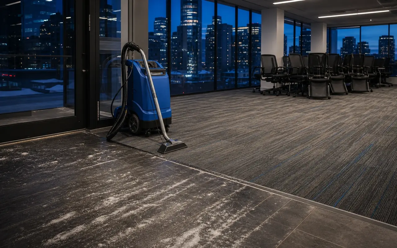 Illustration of a carpet extractor beside office carpet with contrasting light and dark surface areas.
