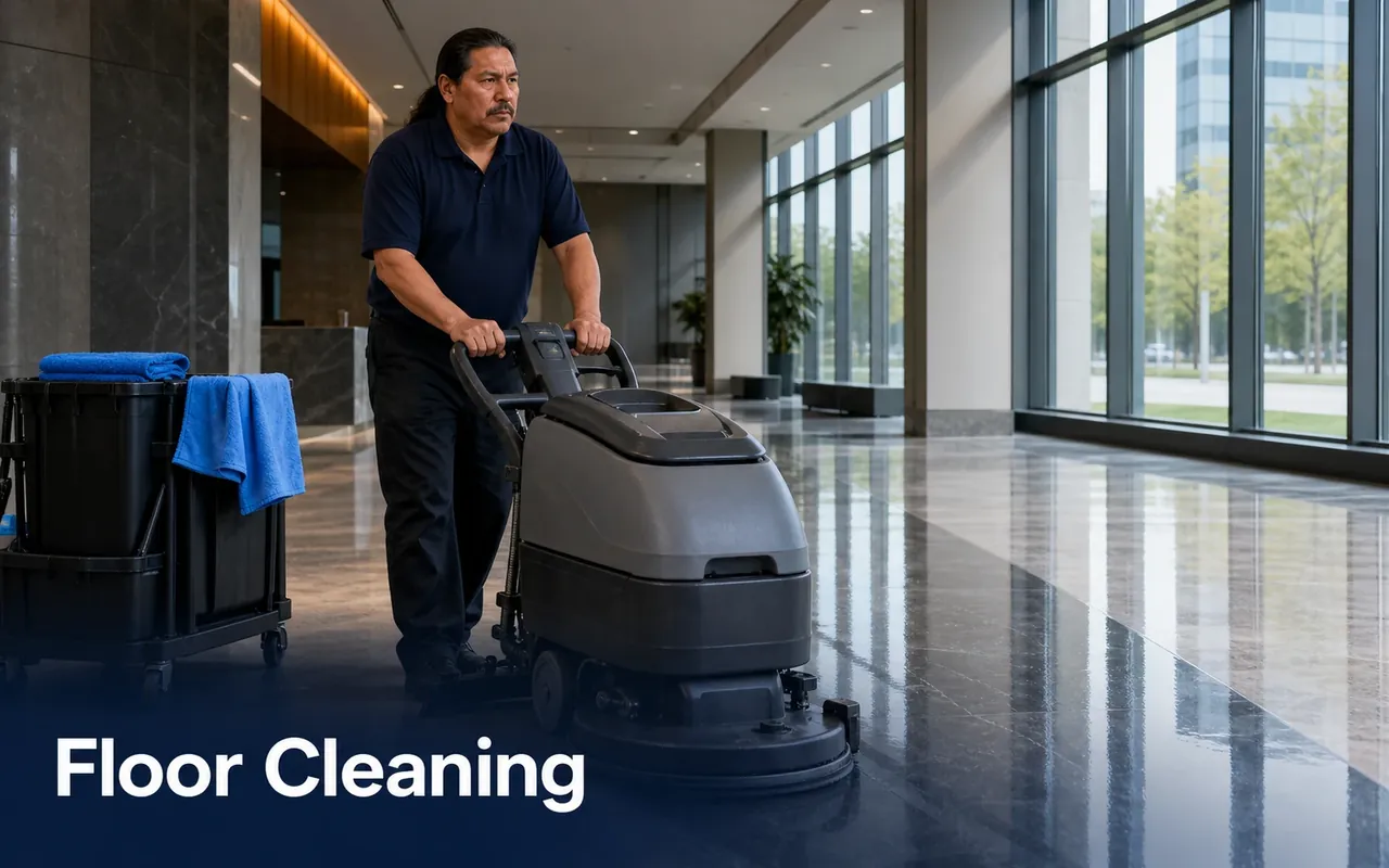 Illustration of a cleaner operating a walk-behind floor scrubber in a glass-fronted lobby.