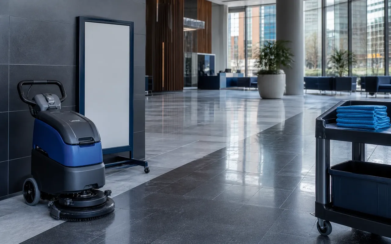 Illustration of a floor scrubber and stocked cart beside a reflective hard-floor lobby.
