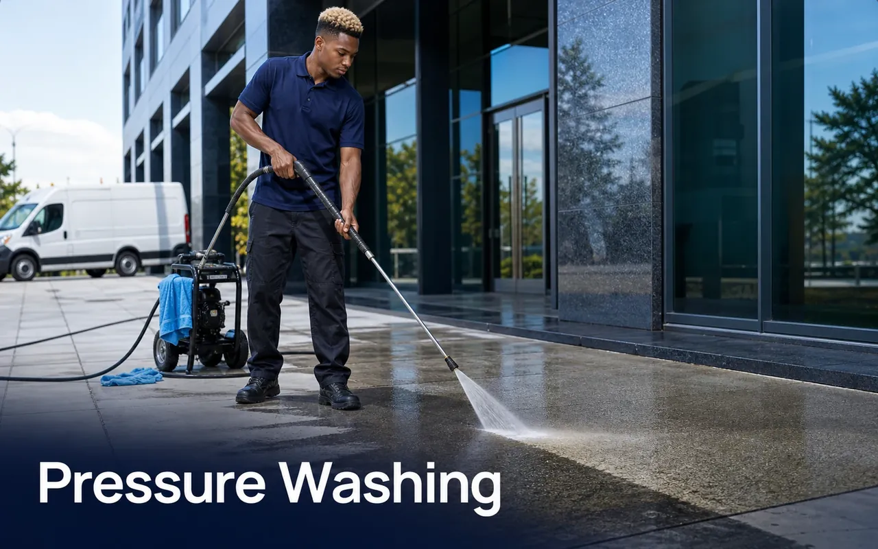 Illustration of a cleaner pressure-washing exterior paving beside commercial entrance windows.