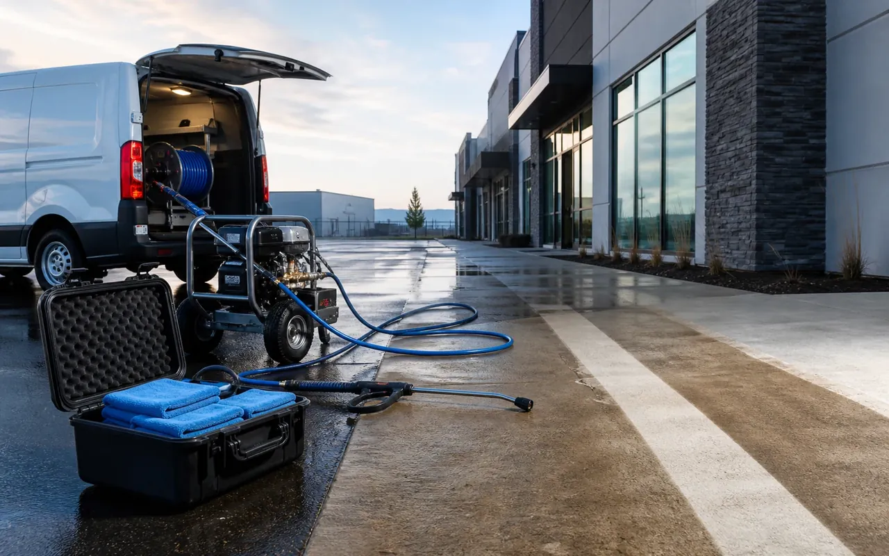 Illustration of pressure-washing equipment, hoses and an open van beside wet exterior paving.
