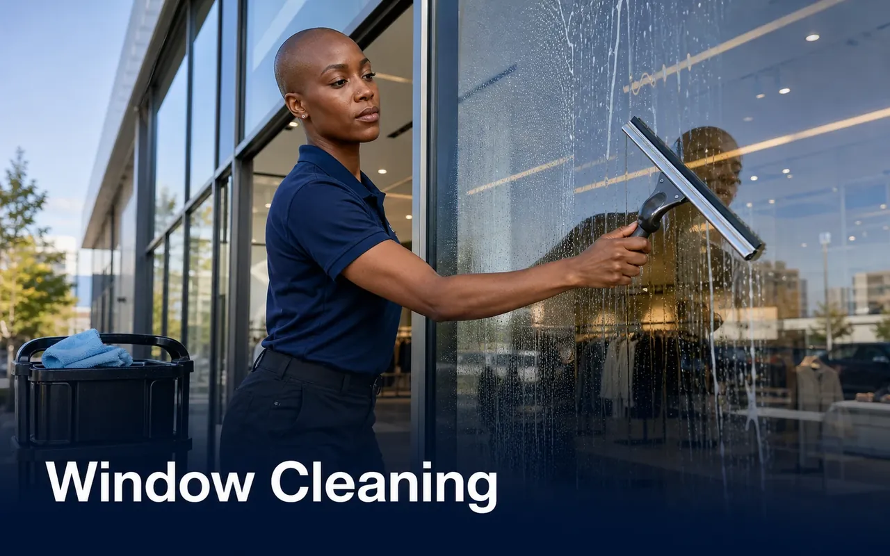 Illustration of a cleaner drawing a squeegee across soapy ground-level commercial window glass.