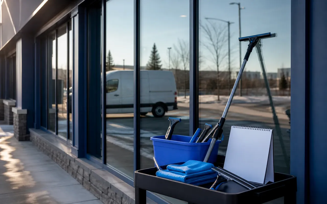Illustration of squeegees, a bucket, folded cloths and a blank checklist beside storefront windows.