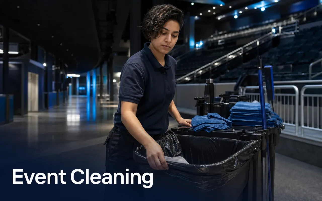 Illustration of a cleaner fitting a liner to a waste bin in an empty event concourse.
