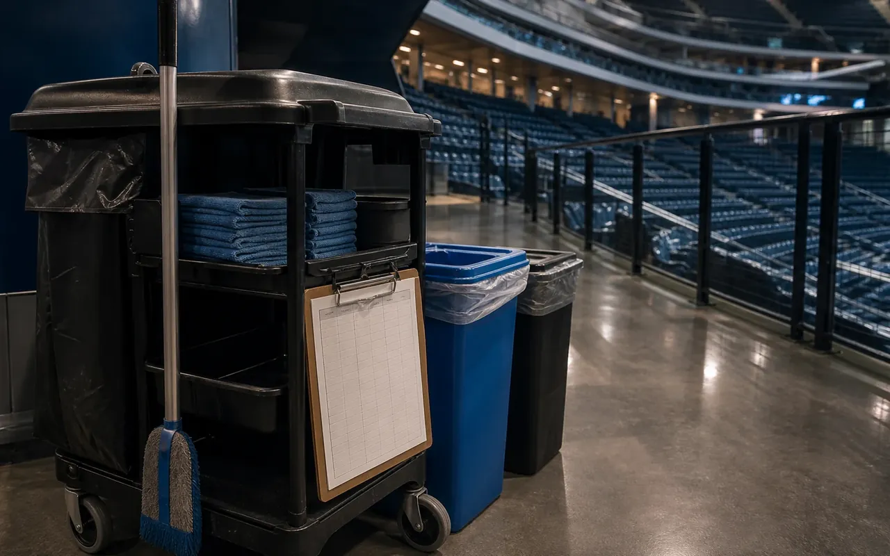 Illustration of a cleaning cart, waste and recycling bins beside empty arena seating.