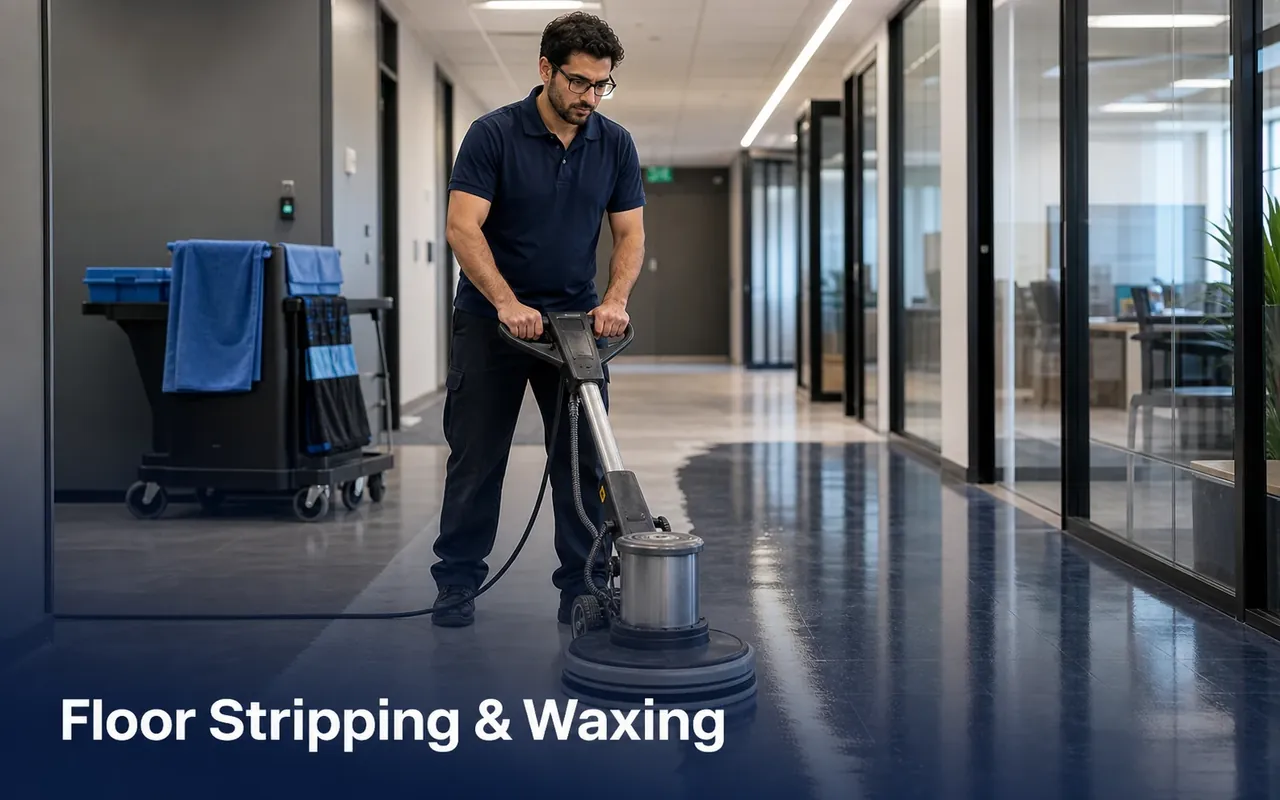 Illustration of a cleaner operating a rotary floor machine on a glossy commercial corridor floor.