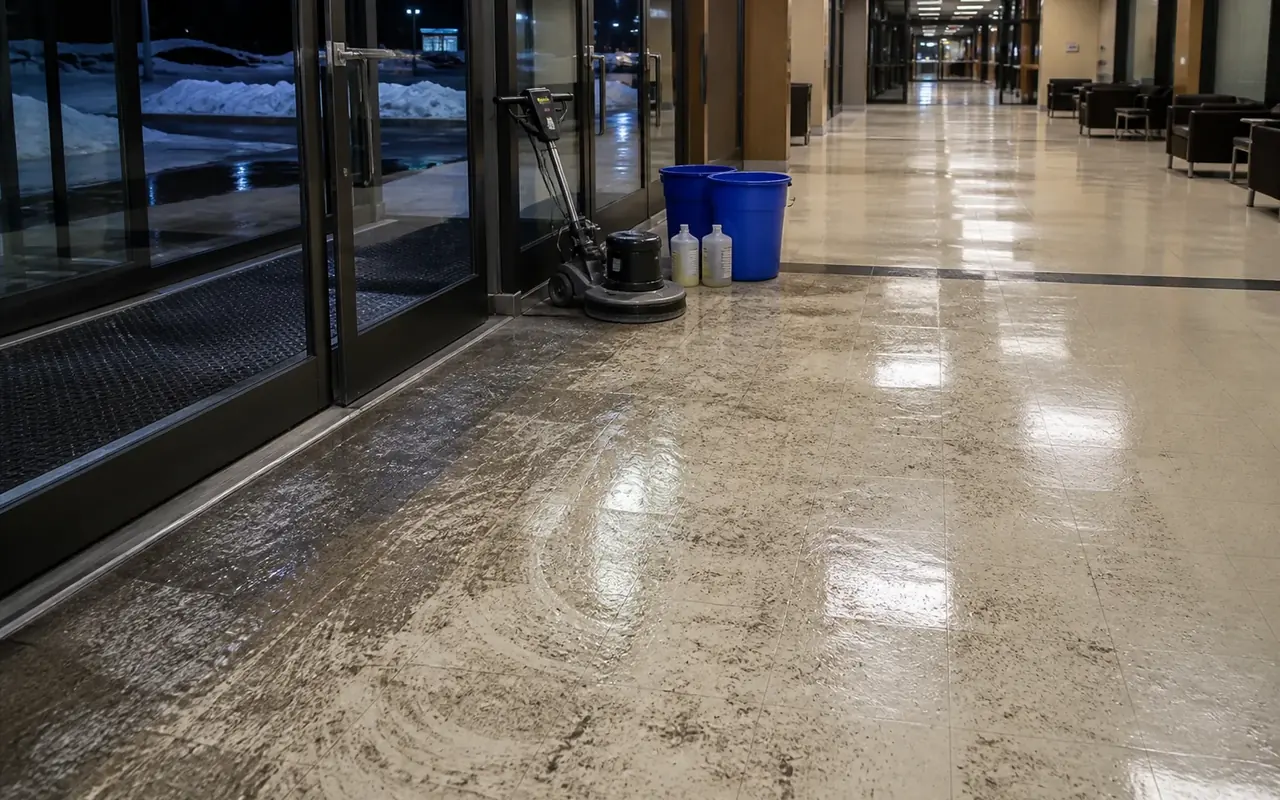 Illustration of a commercial lobby floor with visibly contrasting surface condition and sheen.