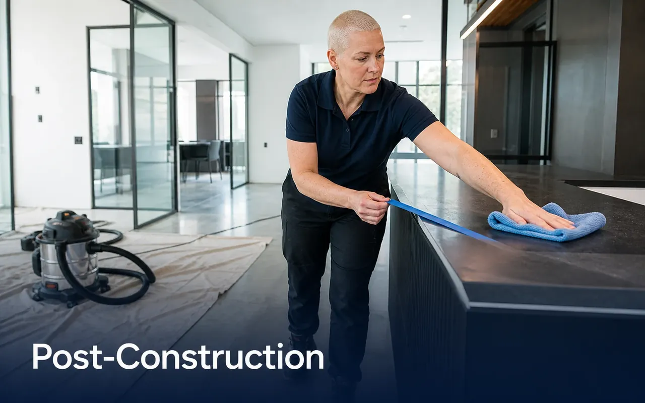 Illustration of a cleaner wiping a dusty counter in an unfinished office beside a vacuum and floor protection.