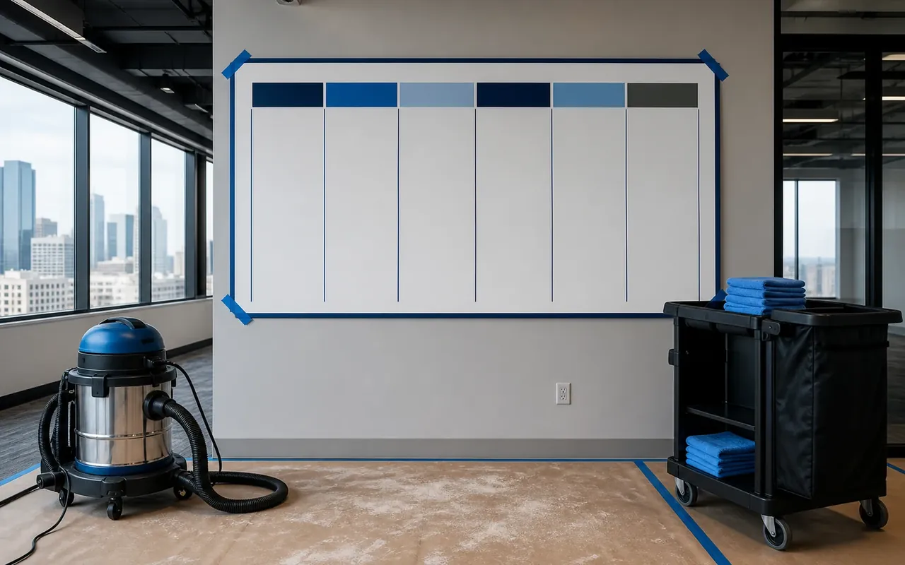 Illustration of a blank phase-planning board, vacuum and supply cart inside an unfinished commercial space.