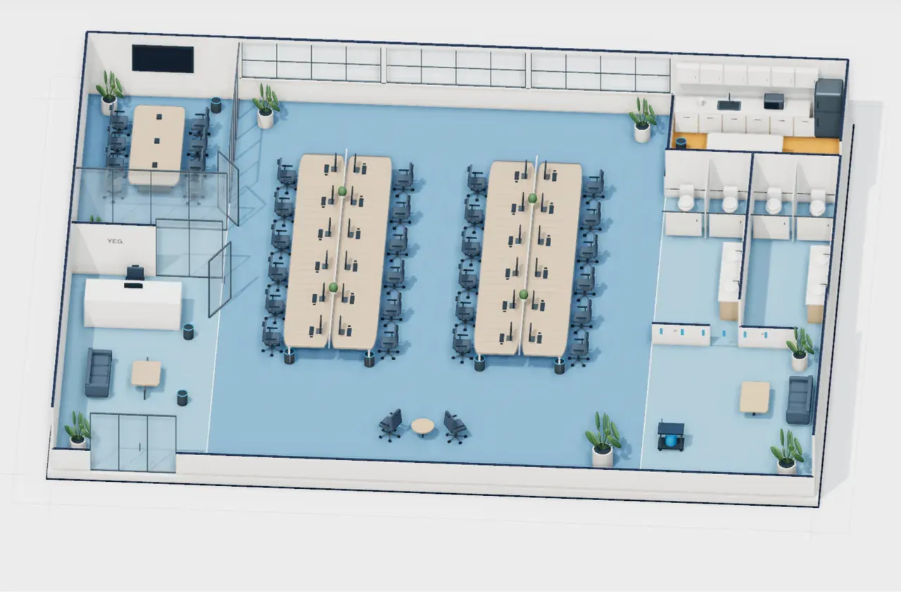 Illustration: rendered 5,000 sq ft example office with reception, workstations, meeting room, kitchenette and washrooms. Static preview, not a measured facility or live selection.